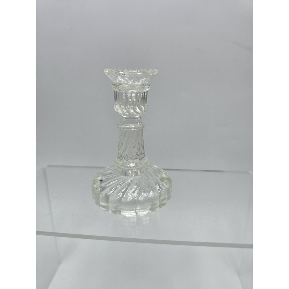 Toy Candle Holder Stick Ribbed Swirl Portieux Vallerysthal EAPG Clear Glass